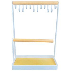 Wooden & Metal Jewelry Organizer Stand White With Hooks & Tray New